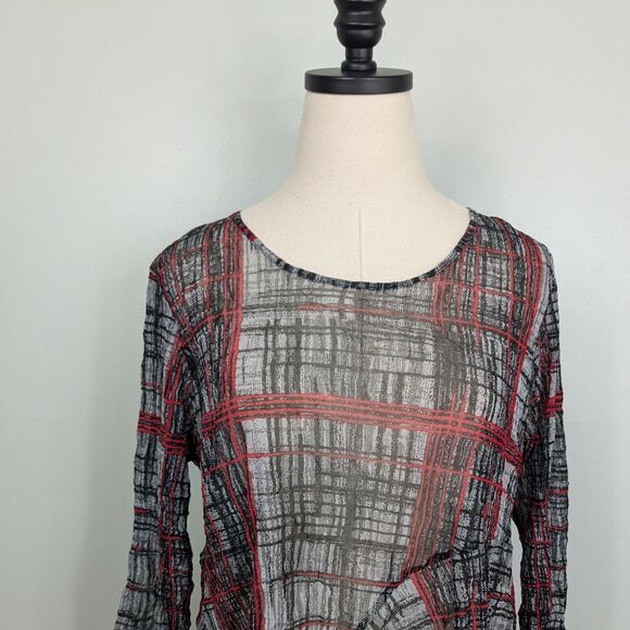 Mesh Top S Red Black Y2K Vintage Whimsigoth Comfy Loose Sheer Plaid Sleeve - Picture 6 of 9